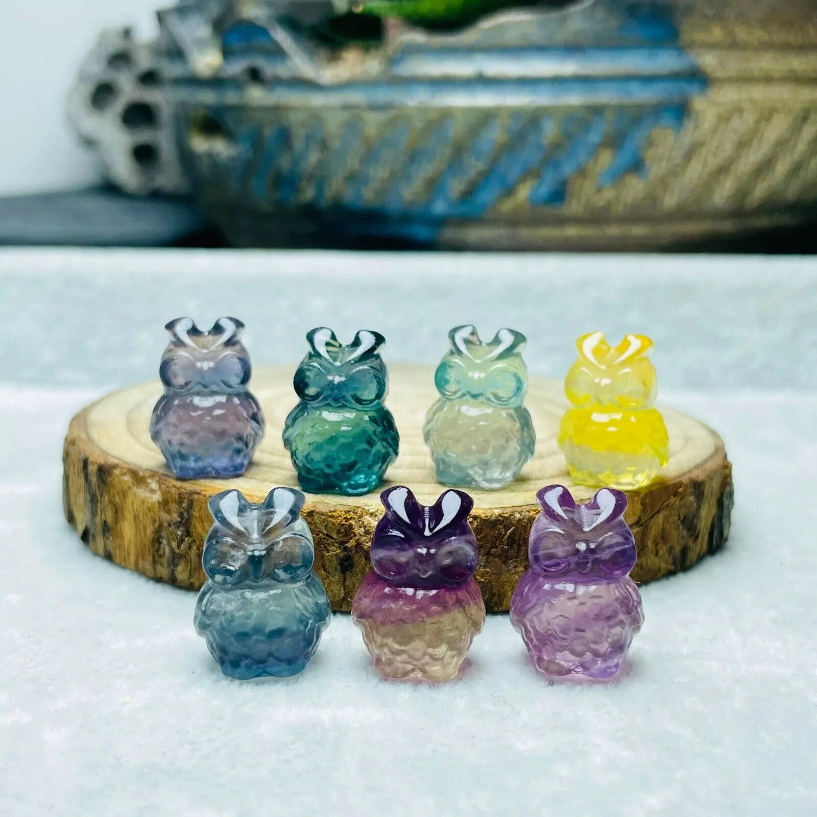 5pc Natural fluorite Carved mini owl crystal quartz crystal reiki healing