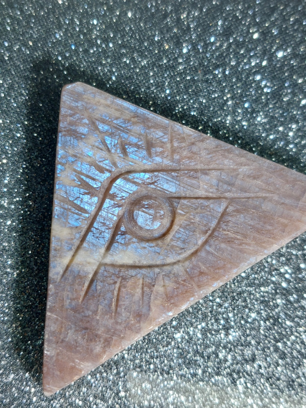 Moonstone Triangle Carving – Evil Eye with Flash Protection Talisman 35.8g