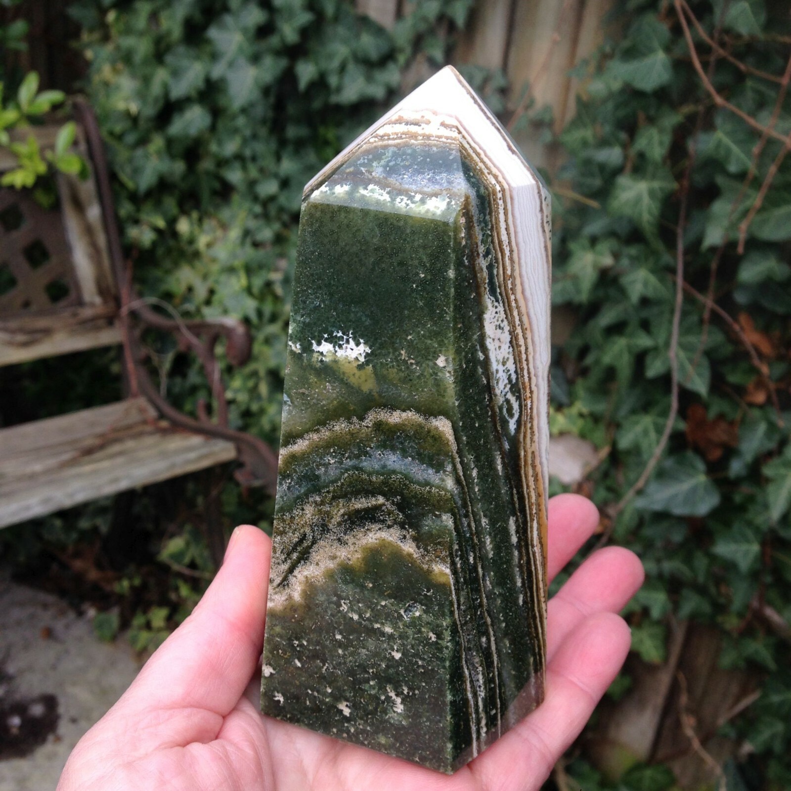 Ocean Jasper Large Crystal Point Obelisk Tower Atlantis Stone 788g 13.8×6.7cm