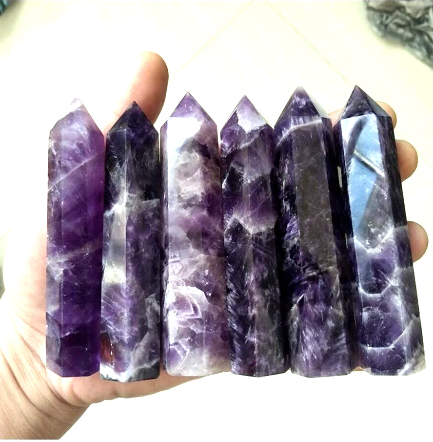 Natural Chevron Amethyst Tower Point Healing Crystal Wands Obelisk Home Decor