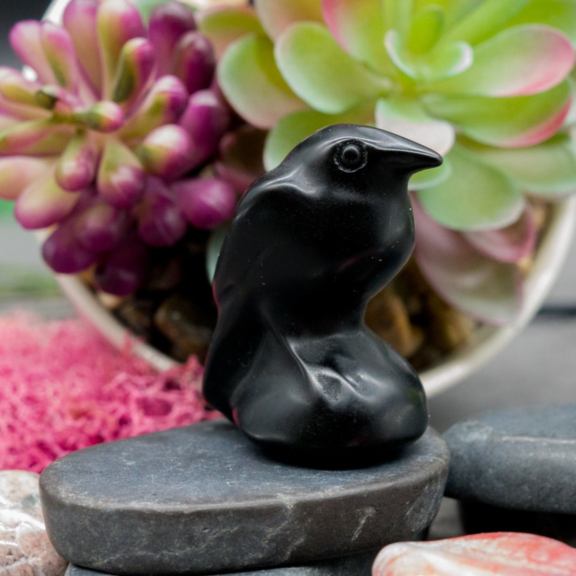 Obsidian Raven Figurine Crystal Protection Decor Home Bird Lover Animal Statue