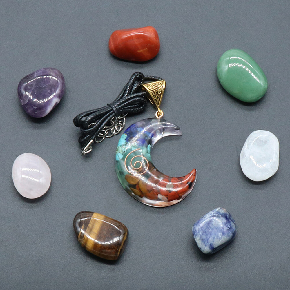 Natural 7 Chakra Healing Crystal Tumbled Stone Set Moon Star Pendant W/ Gift Box