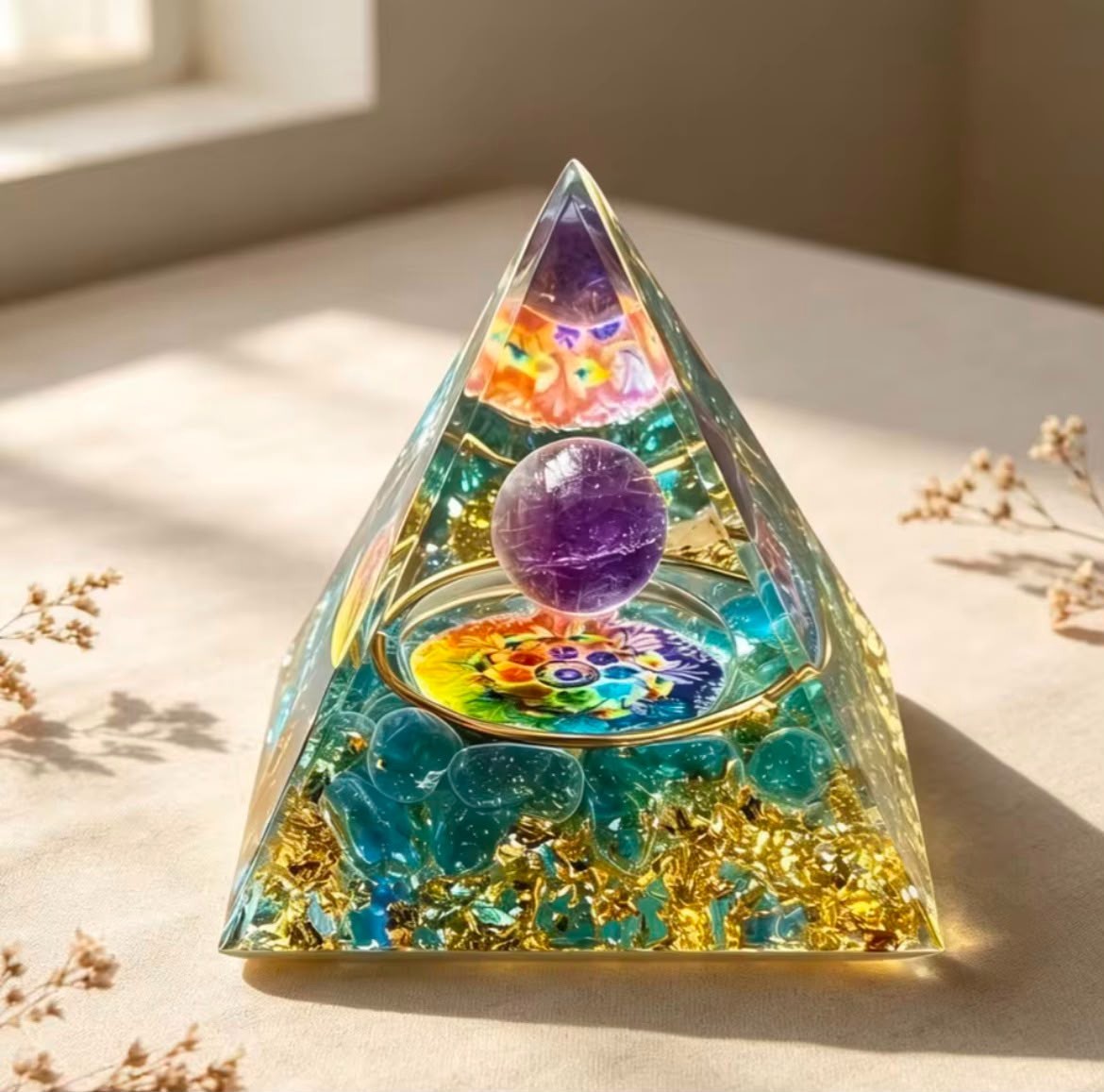7 Chakra Amethyst Orgonite Pyramid Spiritual Balance Yoga Meditation Decoration