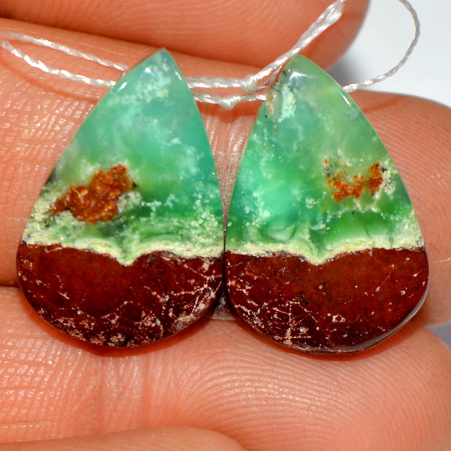 24 Cts Natural Green Chrysoprase Cabochon Gemstone Side Drill Pair 20x13mm #P335