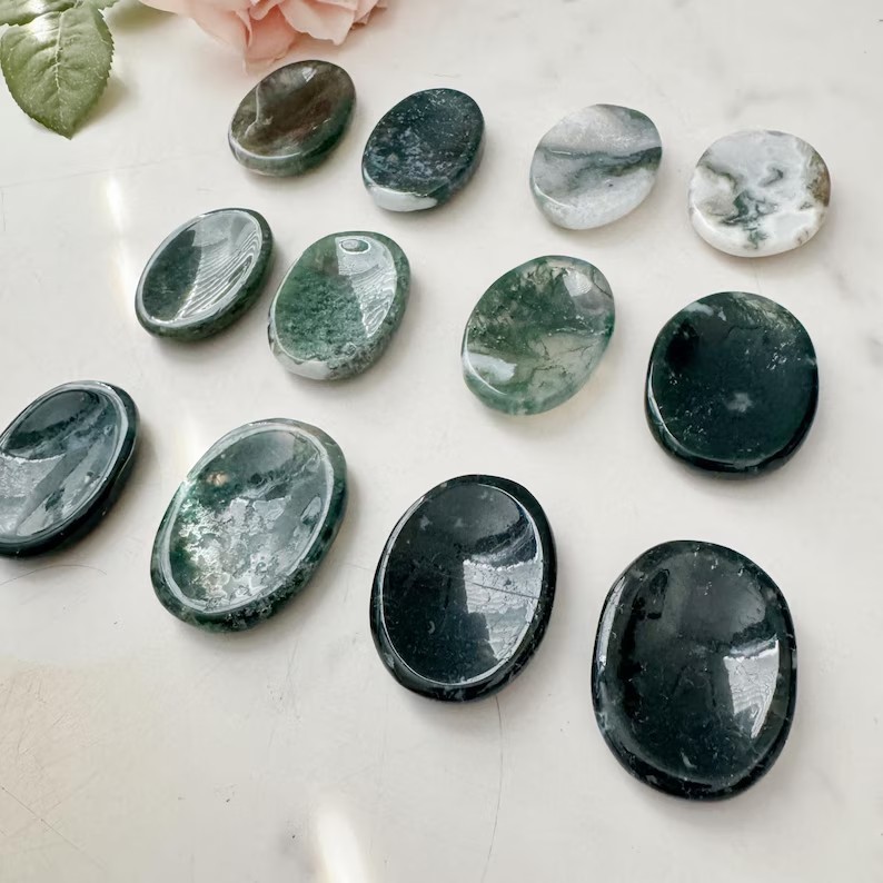 Moss Agate Polished Palm Pocket Worry Stone for Healing Anxiety Relief Balance