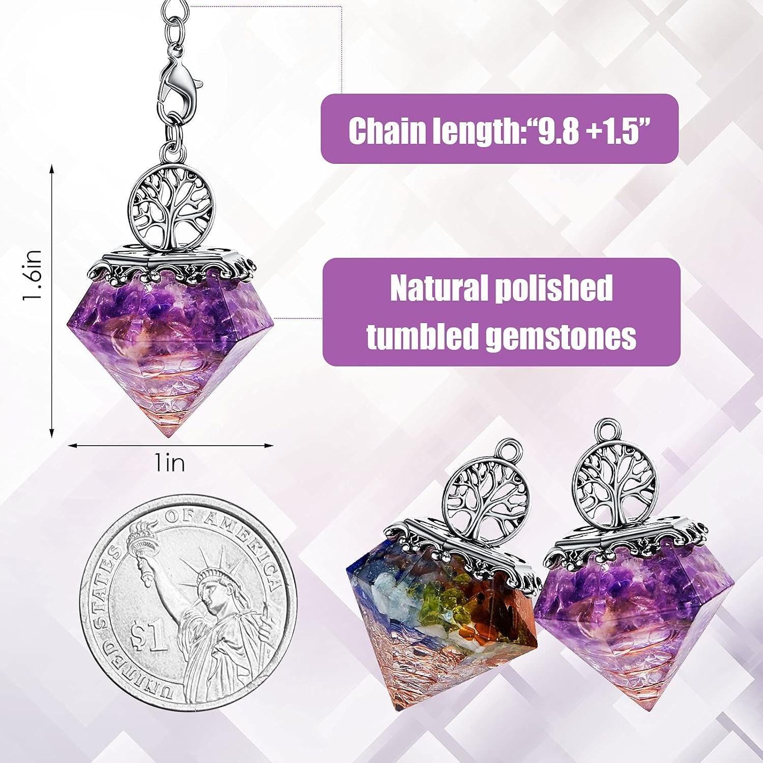 2pc 7 Chakra Amethyst Crystal Pendulum Set Dowsing Divination Reiki Wicca Gift