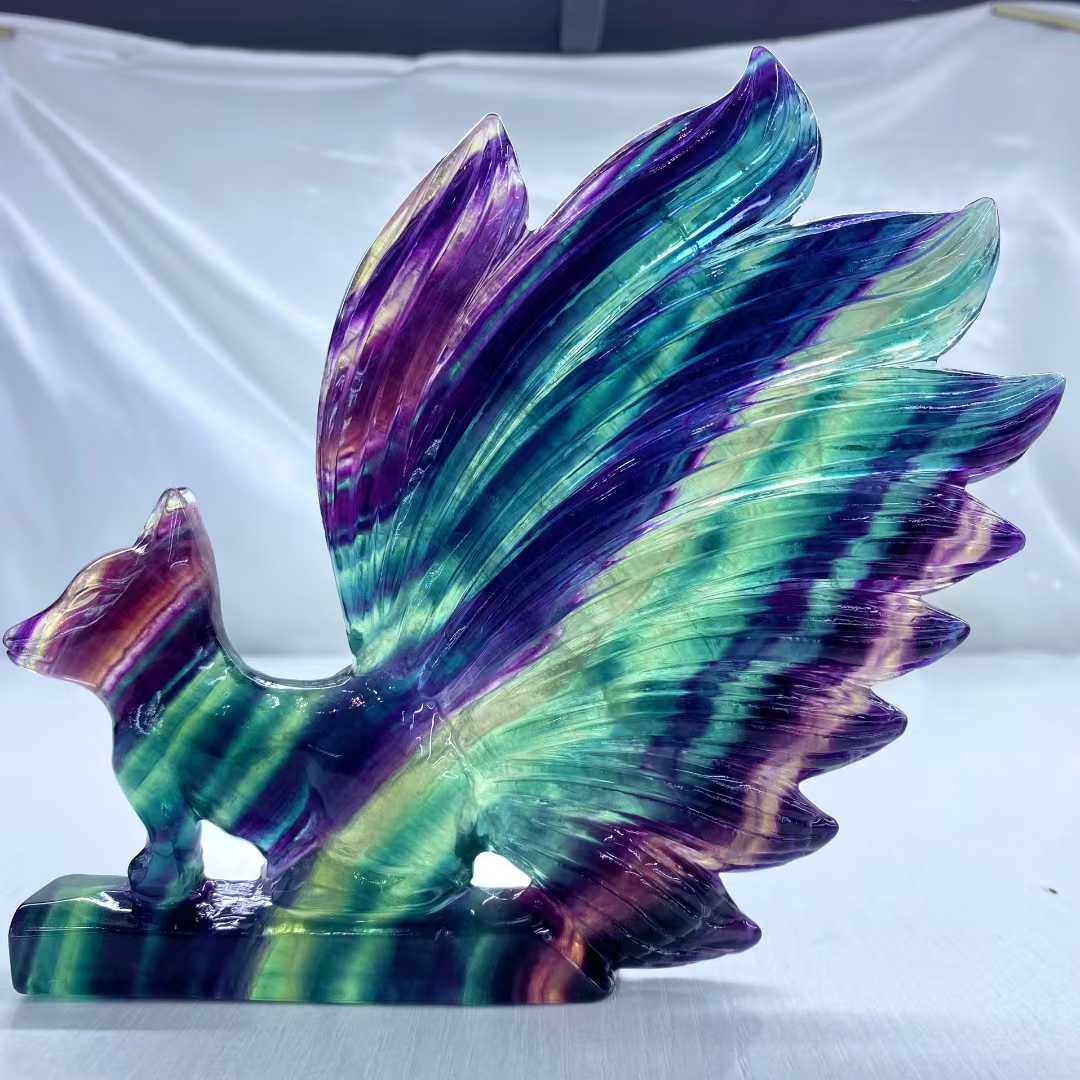 560g Natural Color Fluorite Quartz Nine-tailed fox Skull Crystal Reiki Decor