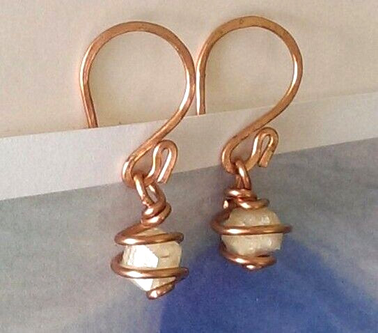 RHODIZITE CRYSTAL EARRINGS -Spiral Wrapped in Copper- Large 6mm Rhodizite! YES!