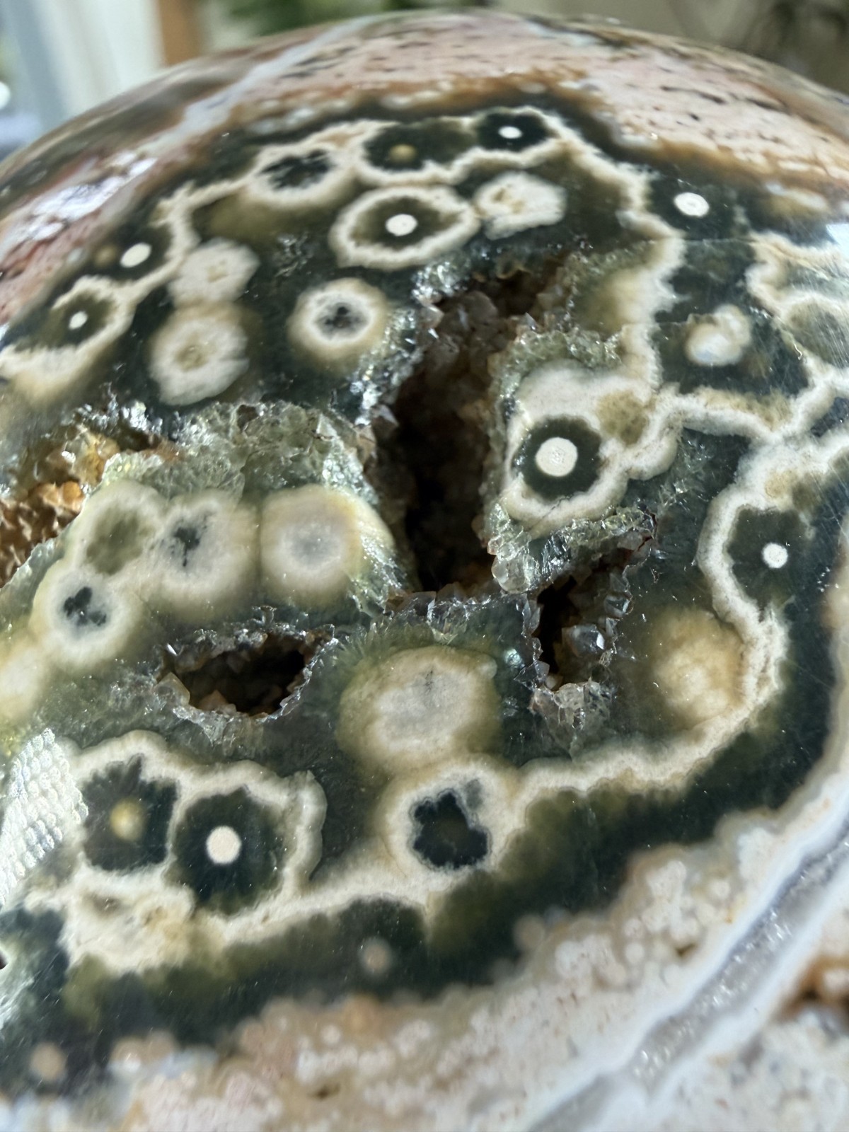 8th Vein Ocean Jasper Sphere – Druzy Pockets – Green, Pink, White – 3.69lbs