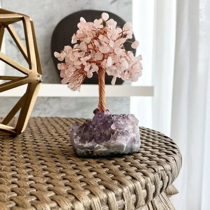 Handmade Rose Quartz Tree of Life on Amethyst Geode Base Fortune Tree Home Decor