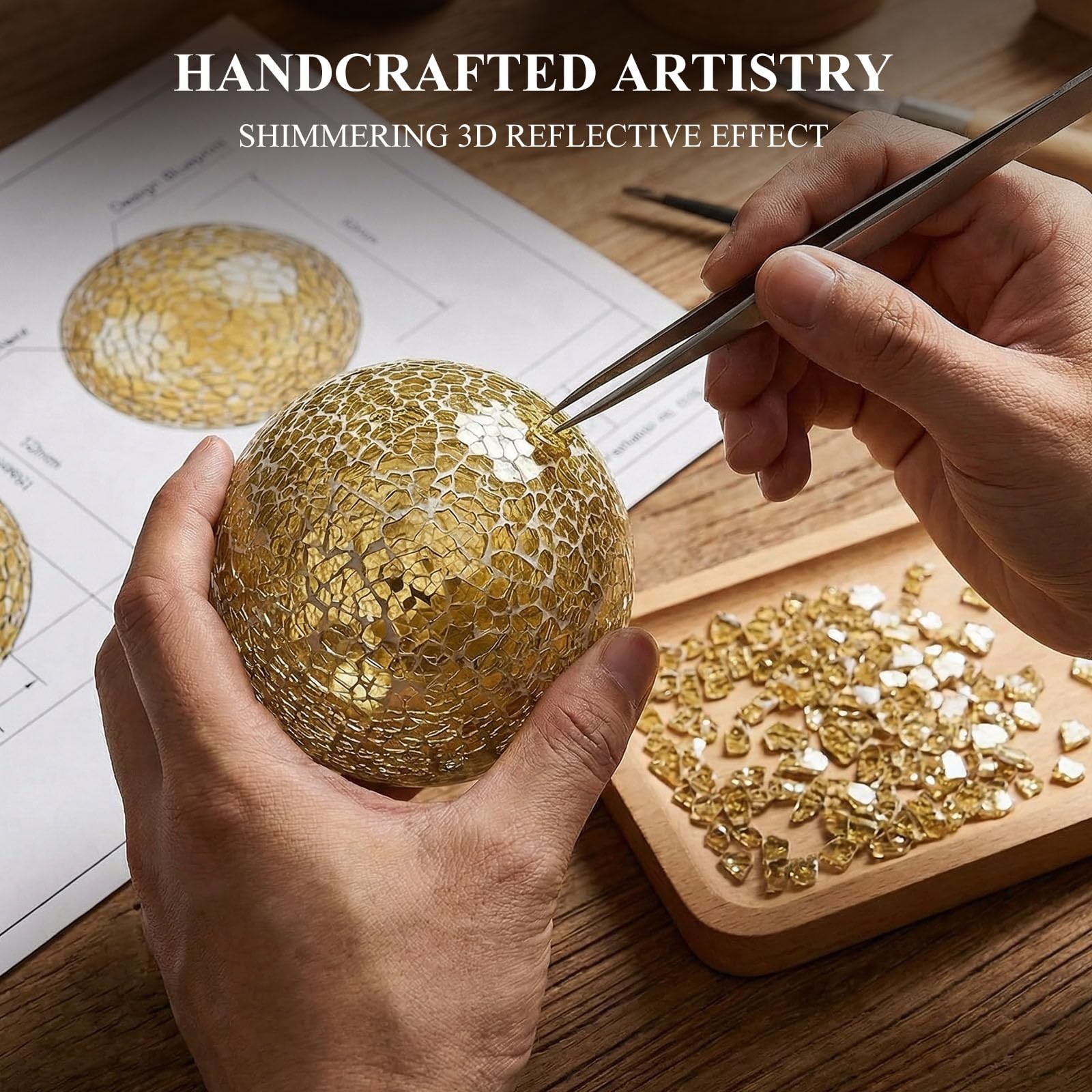 DomeStar 3PCS Decorative Balls, Mosaic Glass Orbs Centerpiece Medium, Gold