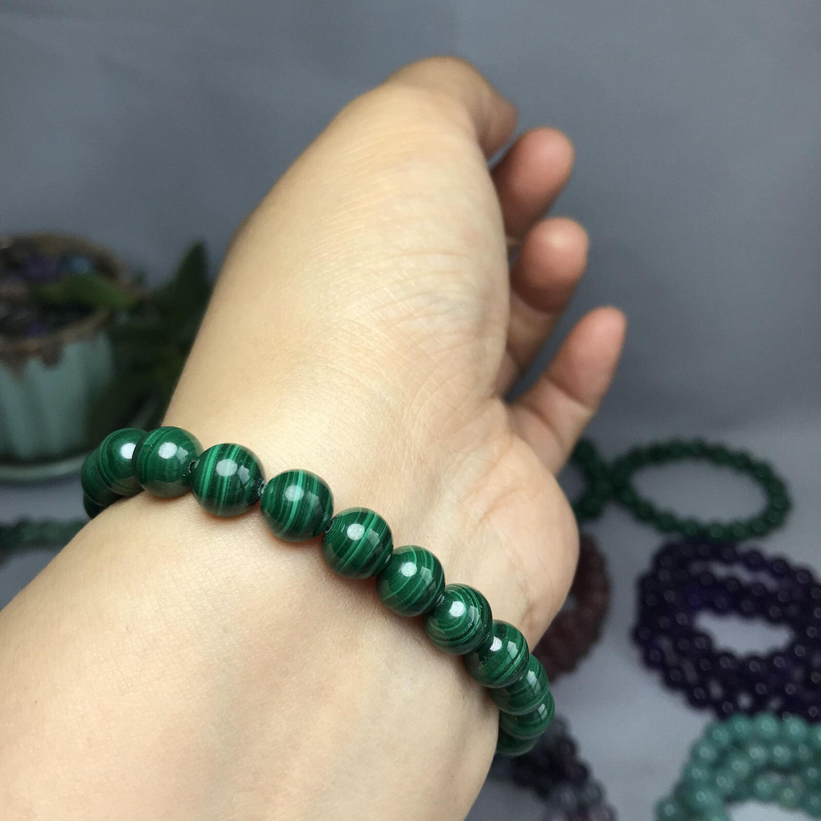 8mm Natural malachite gemstone Crystal chain beads bracelet 25-26g A5263