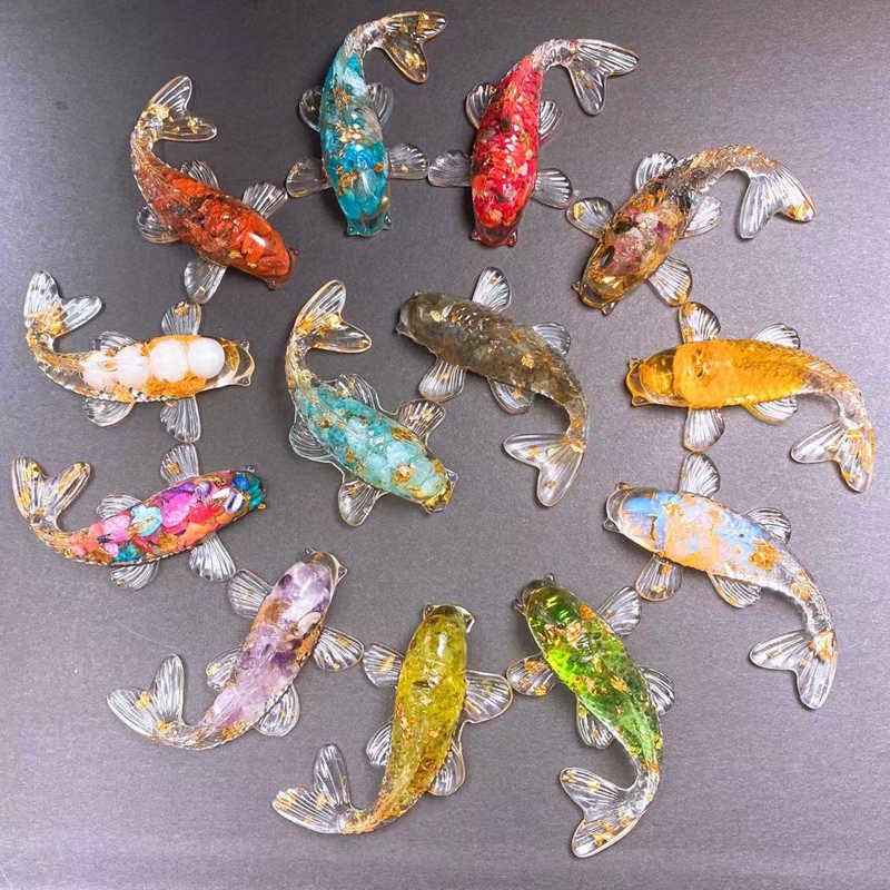 Natural Quartz Crystal Chip Stone Koi Carved Drop Glue Lucky Fish Resin Ornament