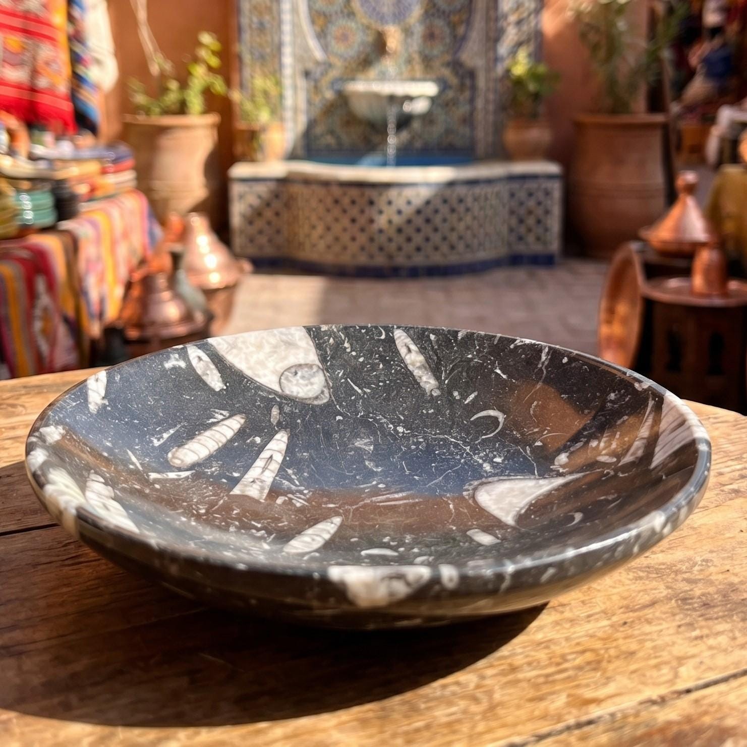 Orthoceras Fossil Stone Bowl Dish Carving (6 Inches) Natural Moroccan Mineral