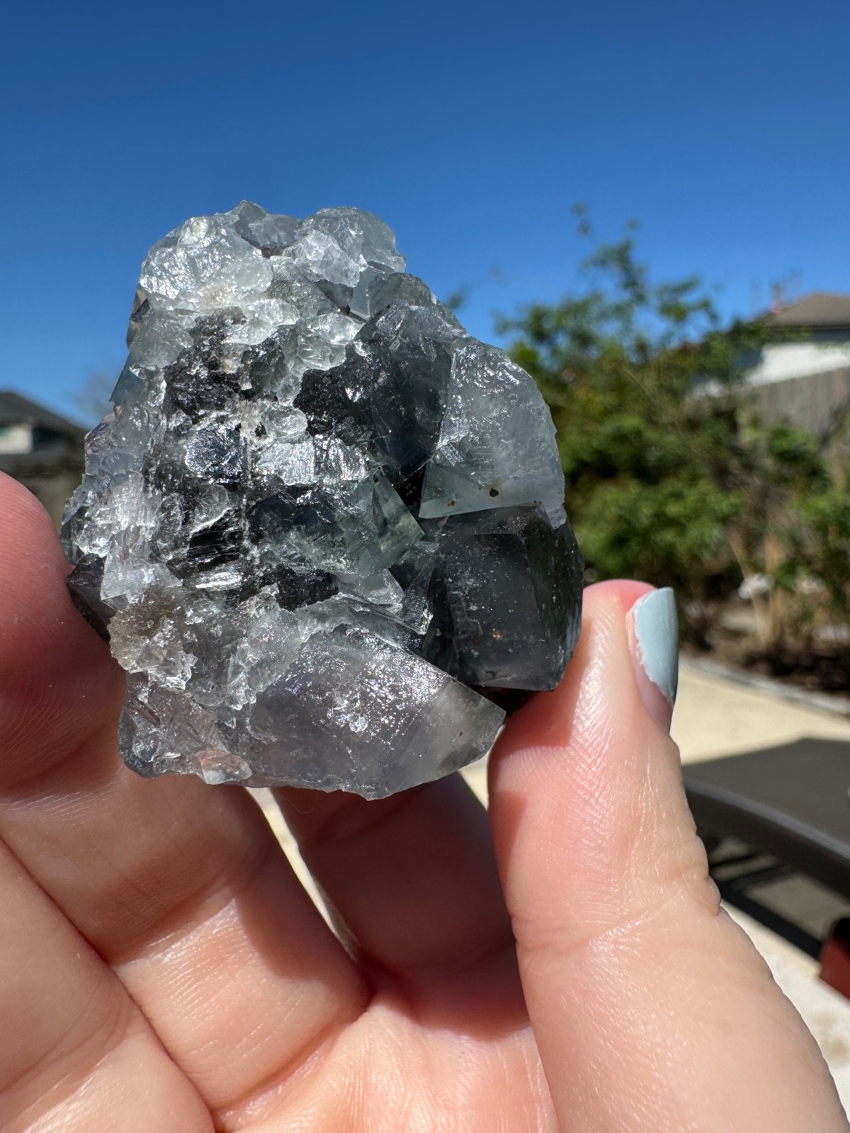 6210 Clear Blue Cubic Fluorite on Druzy Quartz Fu Jian 76g