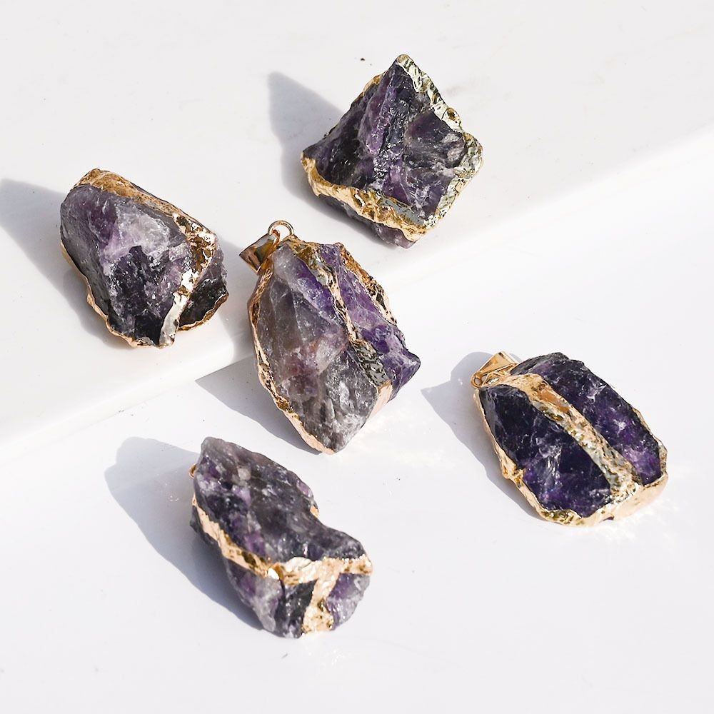 Raw Fluorite Amethyst Pendant Electroplated Edge Irregular Crystal Necklace 1pc