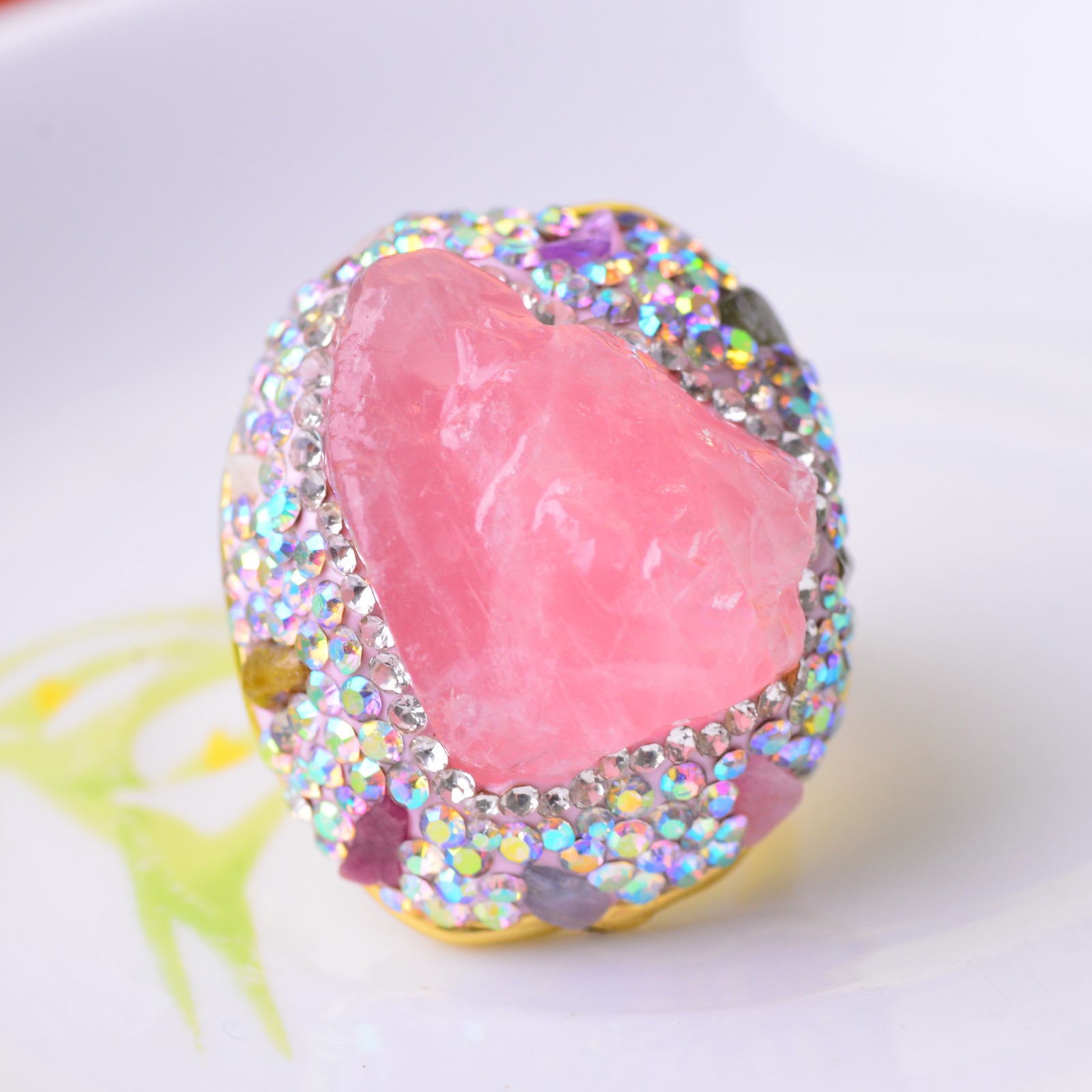 pink quartz ring, alloy inlaid with handmade gemstone jewelry Love Stone