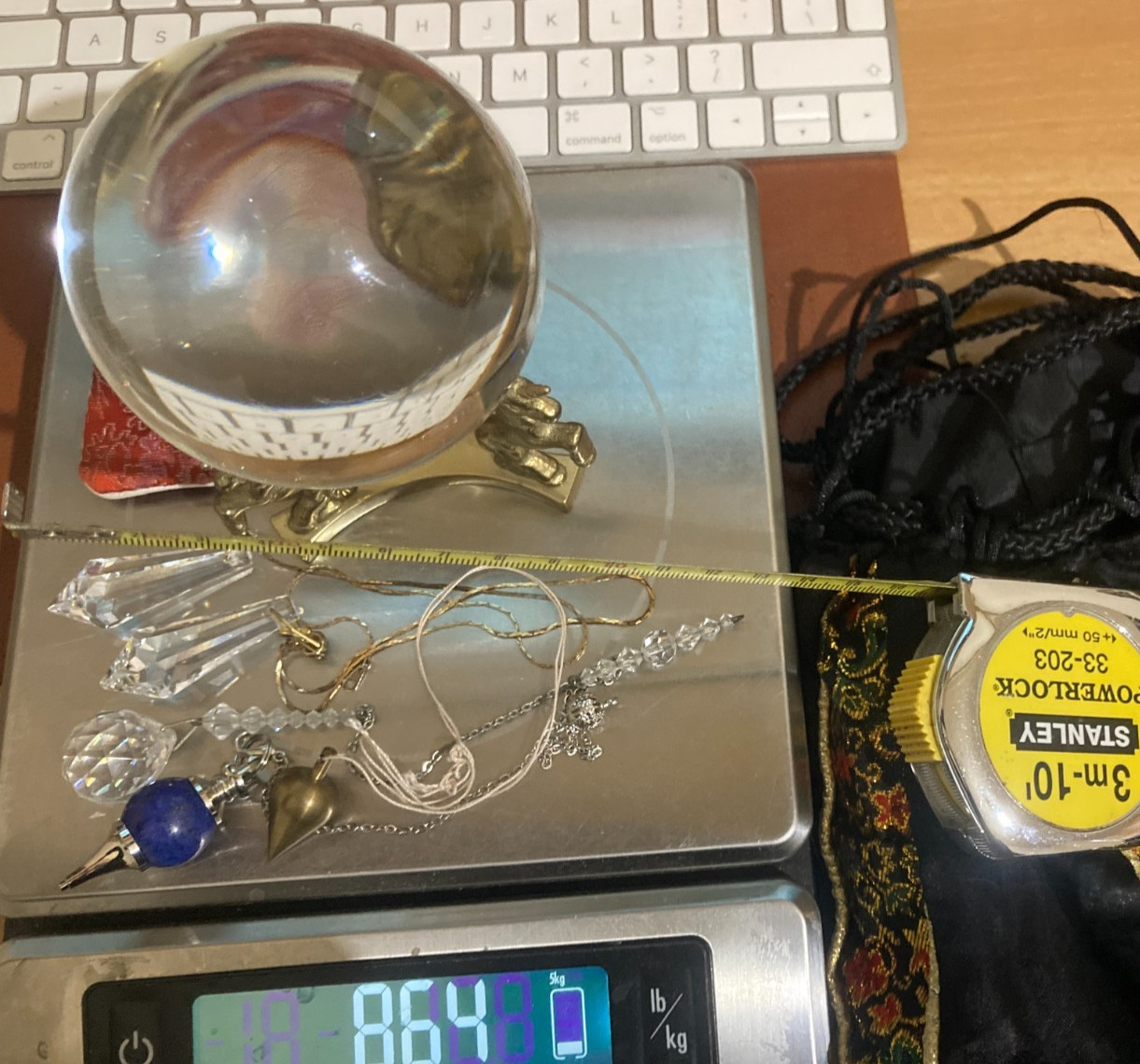 RARE LEAD HEAVY CRYSTAL BALL BRASS 3 INCH UNICORN STAND STRING PENDULUMS BAG
