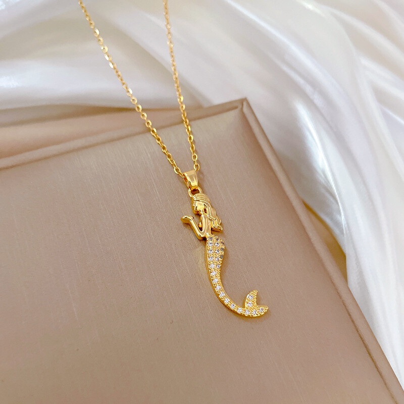Women’s Fashion Jewelry Zircon Gold Mermaid Pendant Temperament Necklace 1PC