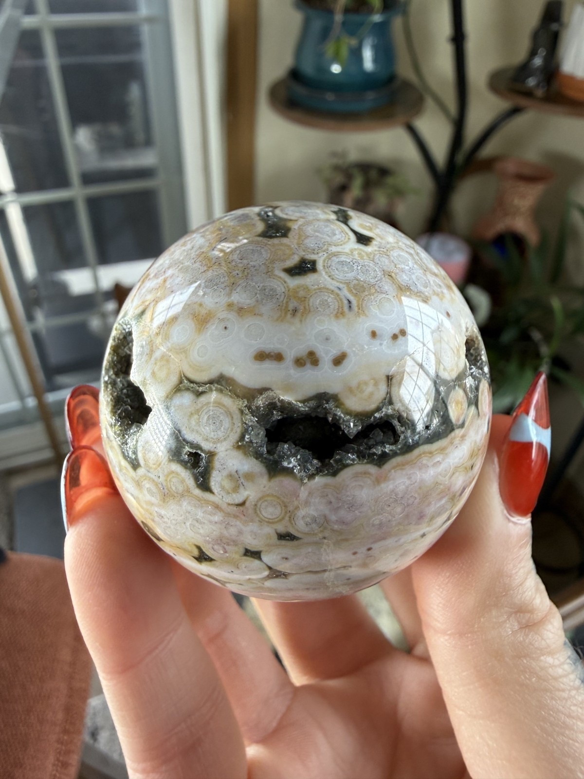 8th Vein Ocean Jasper Sphere – Pink, Green, Gold & White – Druzy Caves – 5.47 oz