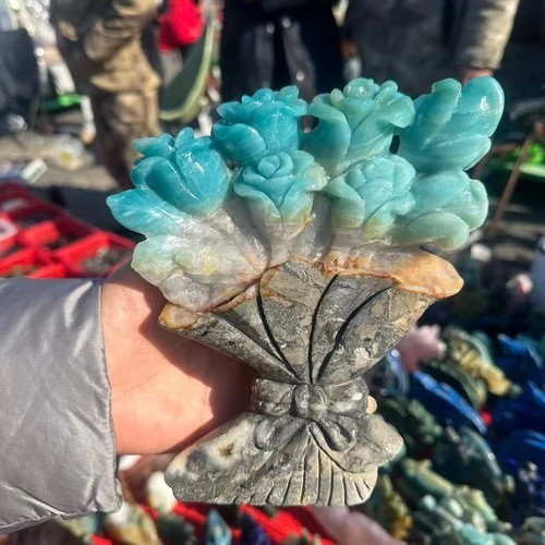 1pc Natural Amazonite Quartz Carved Peony Flower Crystal Reiki Decor