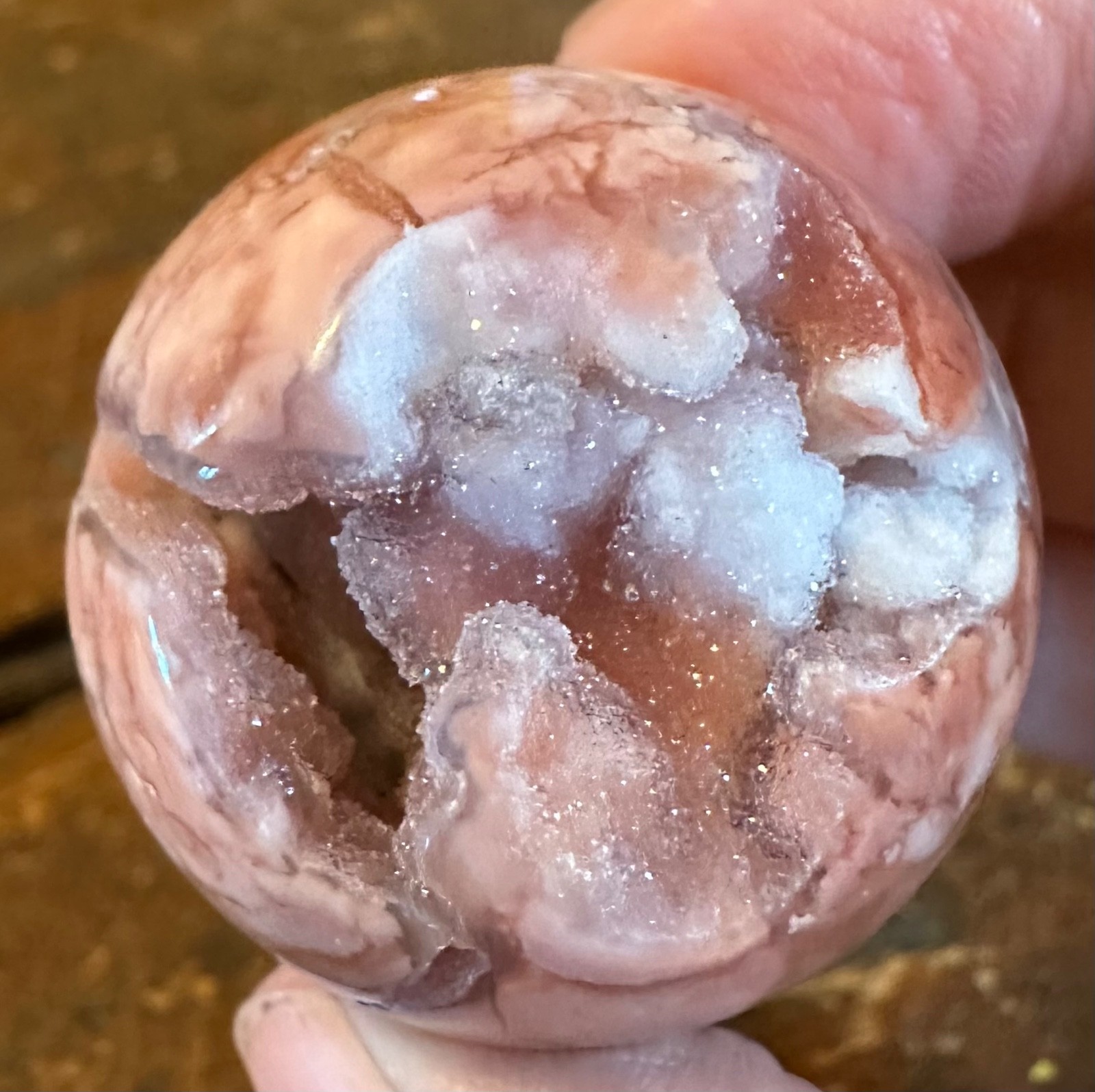 Two pink amethyst druzy spheres and “earth mother” resin stand Free shipping