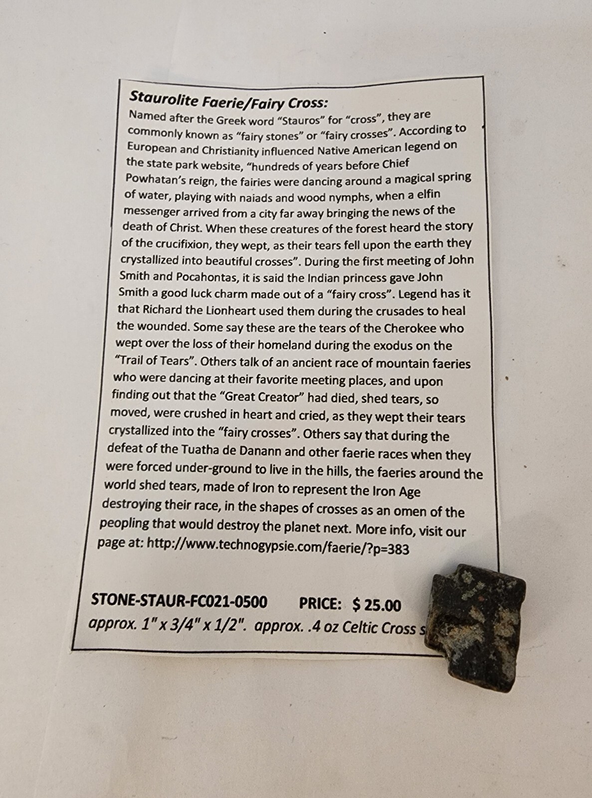 Staurolite Celtic cross – medium approximately 1x.75x.5 inches FC021