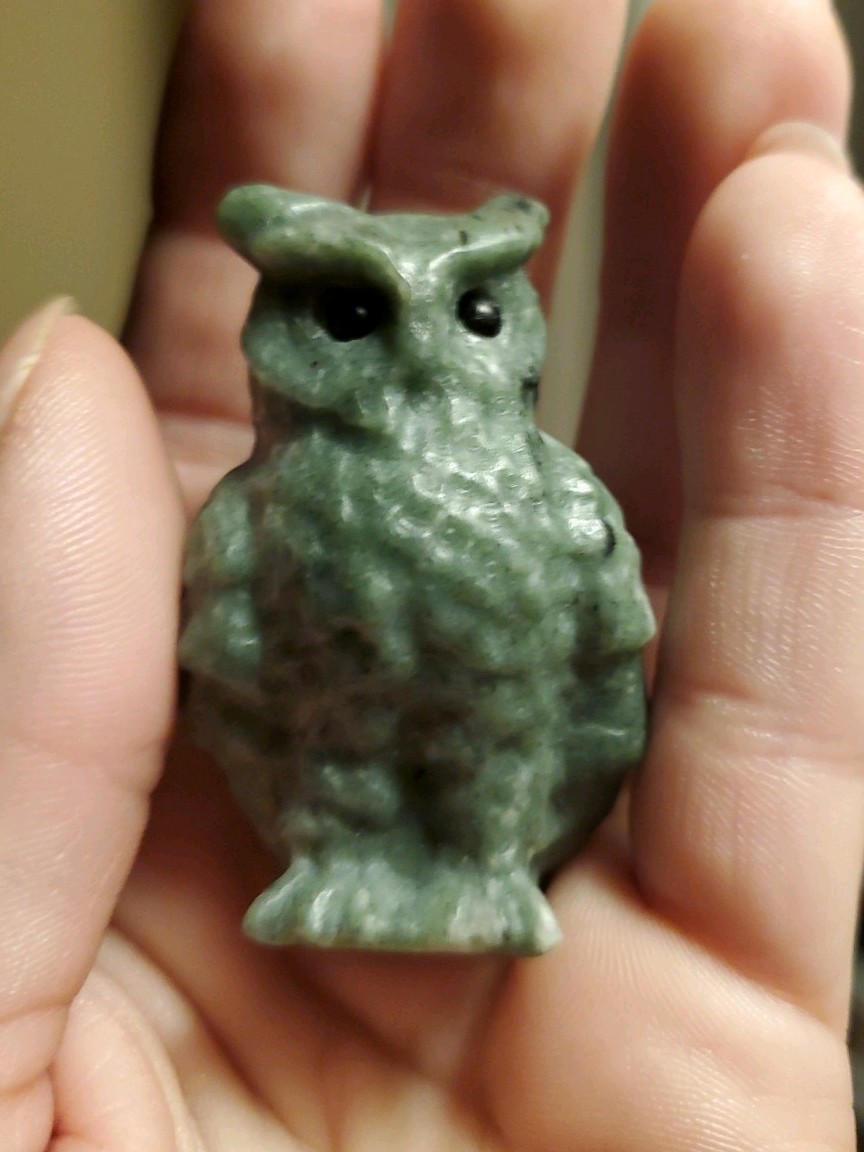 Carved Ophiolite Owl Crystal Figure