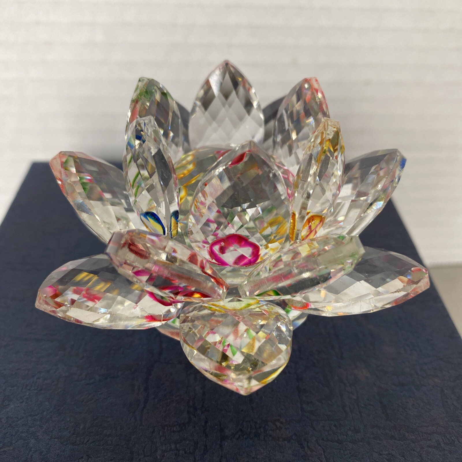 Amlong Crystal Sparkle Lotus Flower 3” Feng Shui Glass Figurine Blue Gift Box