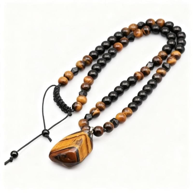 Tiger Eye Stone Beaded Necklace Men Black Irregular Pendant Fashion Jewelry Gift
