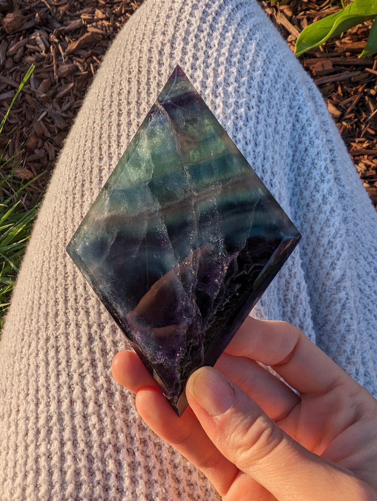 Rainbow Fluorite Carving Diamond Rhombus Crystal Gemstone Nice Mineral Reiki