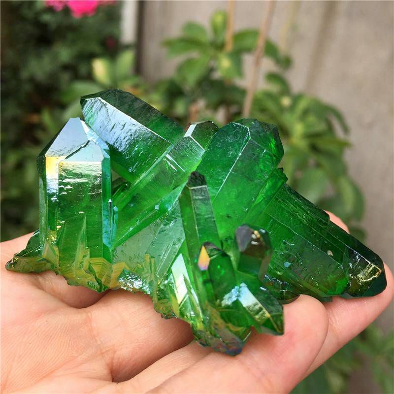 80g Natural Aura Green Titanium Quartz Crystal Gemstone Cluster Healing Specimen