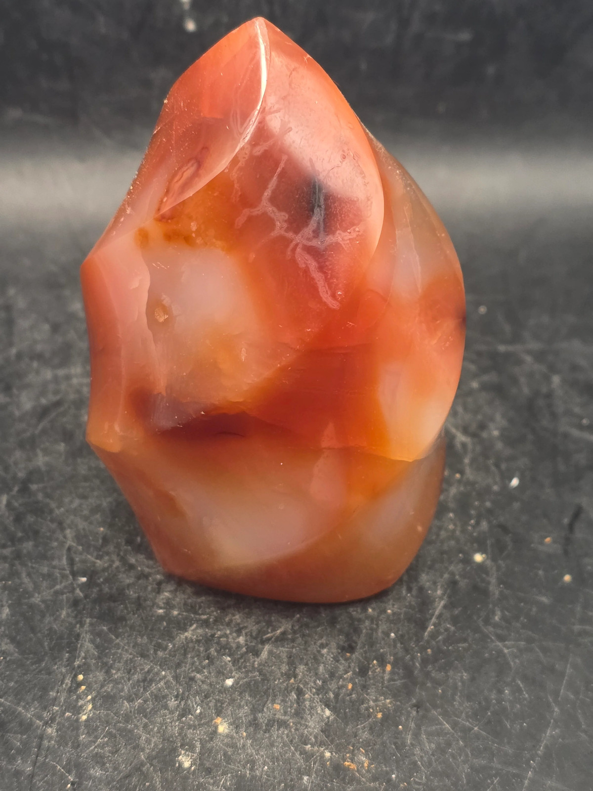 Carnelian agate flame tower! 10 ounces, 3.2 inches tall, 2.2″ wide!