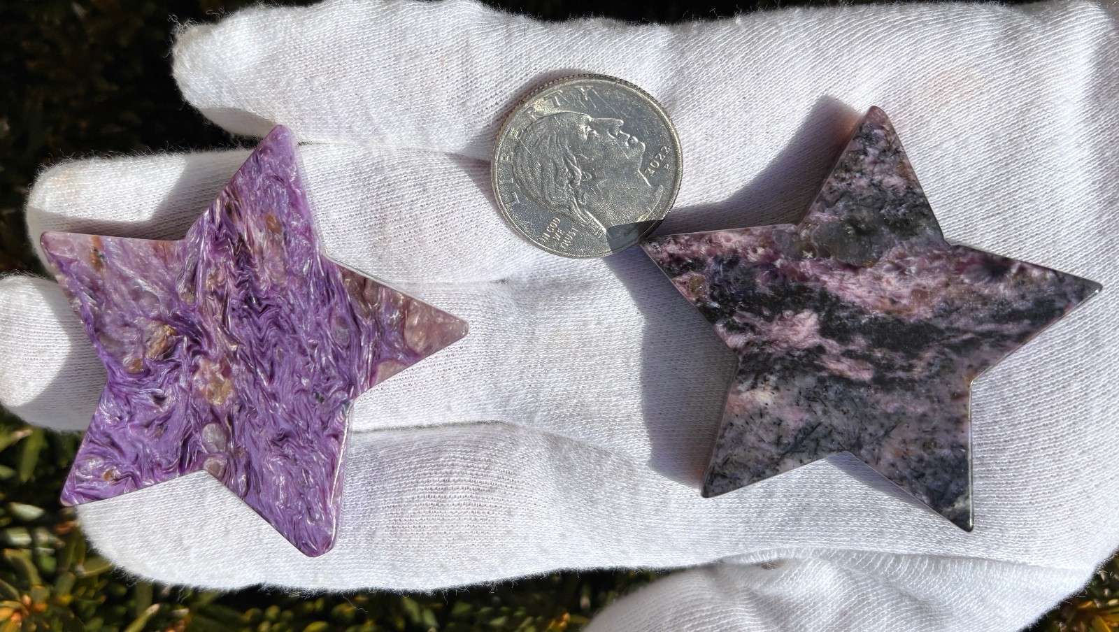 USA SALE 61g LOT 2 CHAROITE STARS STAR PALMSTONES PALMSTONE Palm Stone Stones