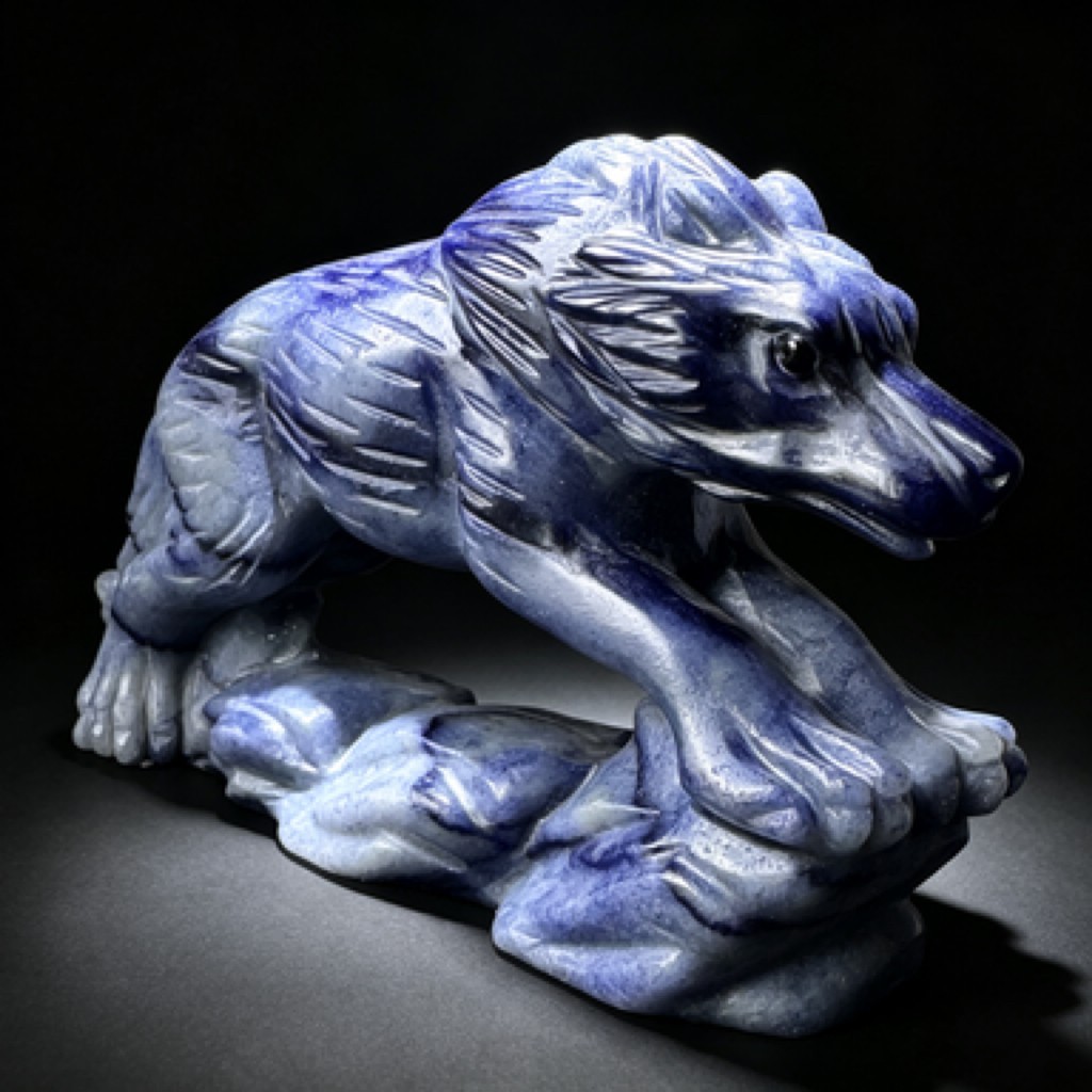 Hand Carved Blue Vein Stone Wolf Sculpture Natural Crystal Figurine Collectible