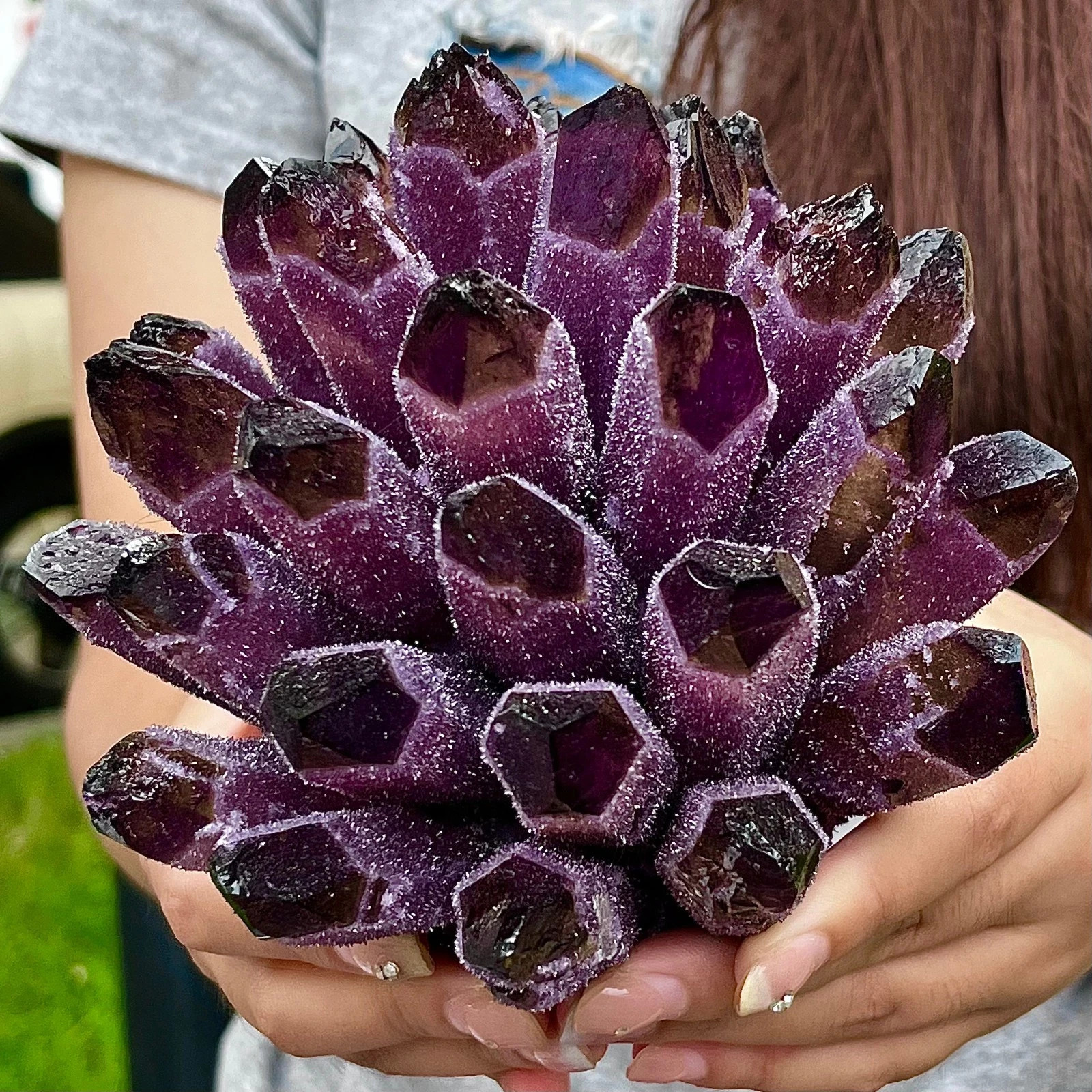 2.2lb Natural Dark Purple Phantom Cluster Titanium Geode Quartz Crystal Ornament