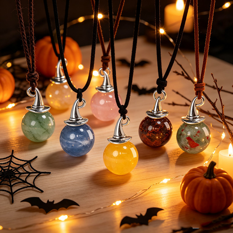 10pcs Natural Stone DIY Ornaments 14mm Ball with Witch Hat for Halloween Decor