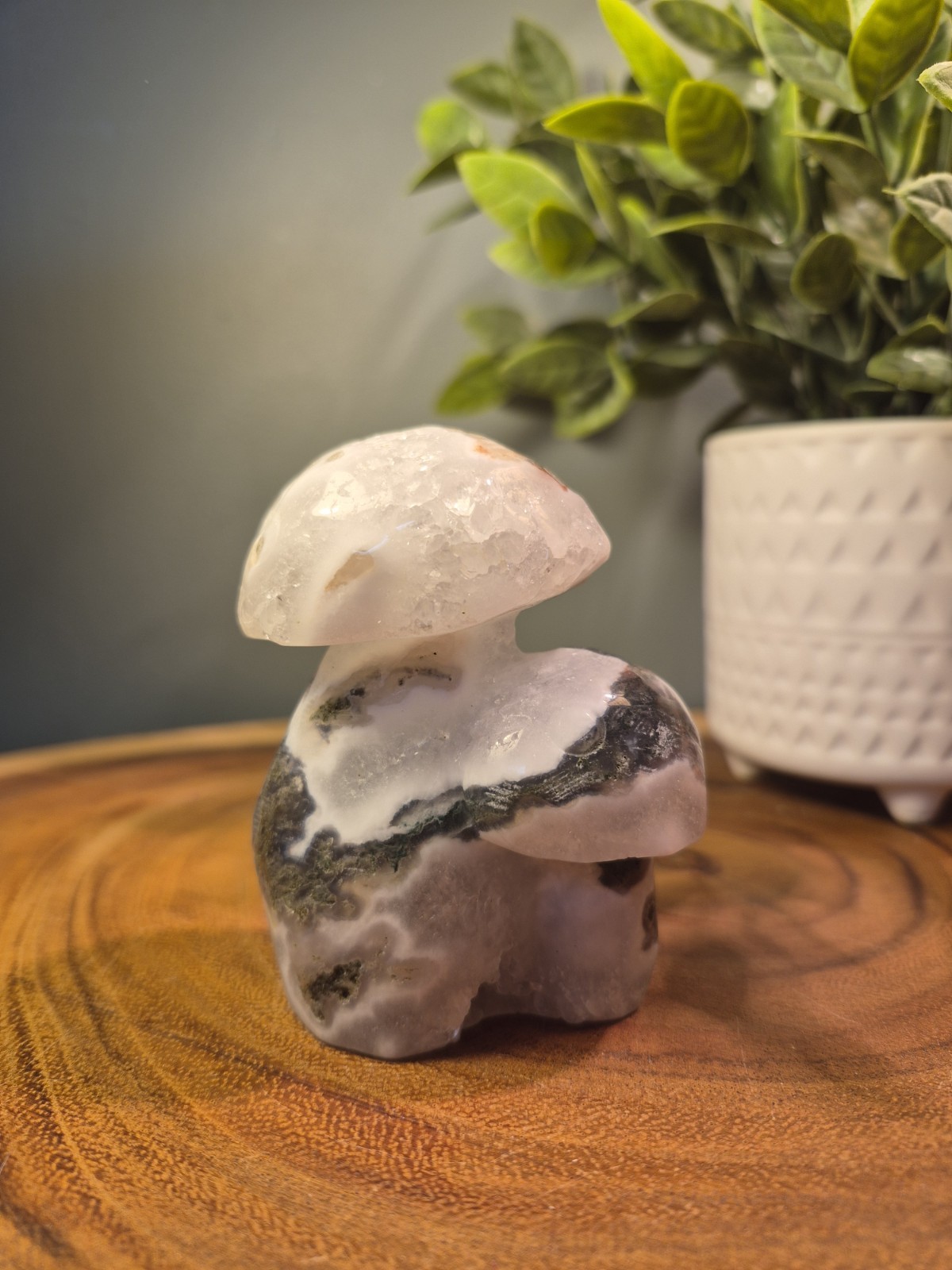 Green Moss Agate Mushroom Carving