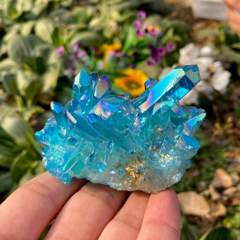 Titanium Aura Blue Crystal Rainbow Quartz Cluster Natural Geode Rocks Specimens