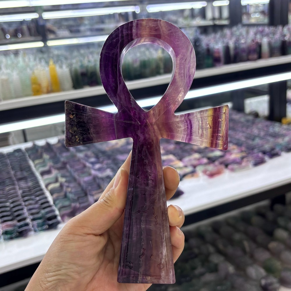Natural Fluorite Quartz Crystal Cross Carved Crystal Ankh Reiki Healing 1pc