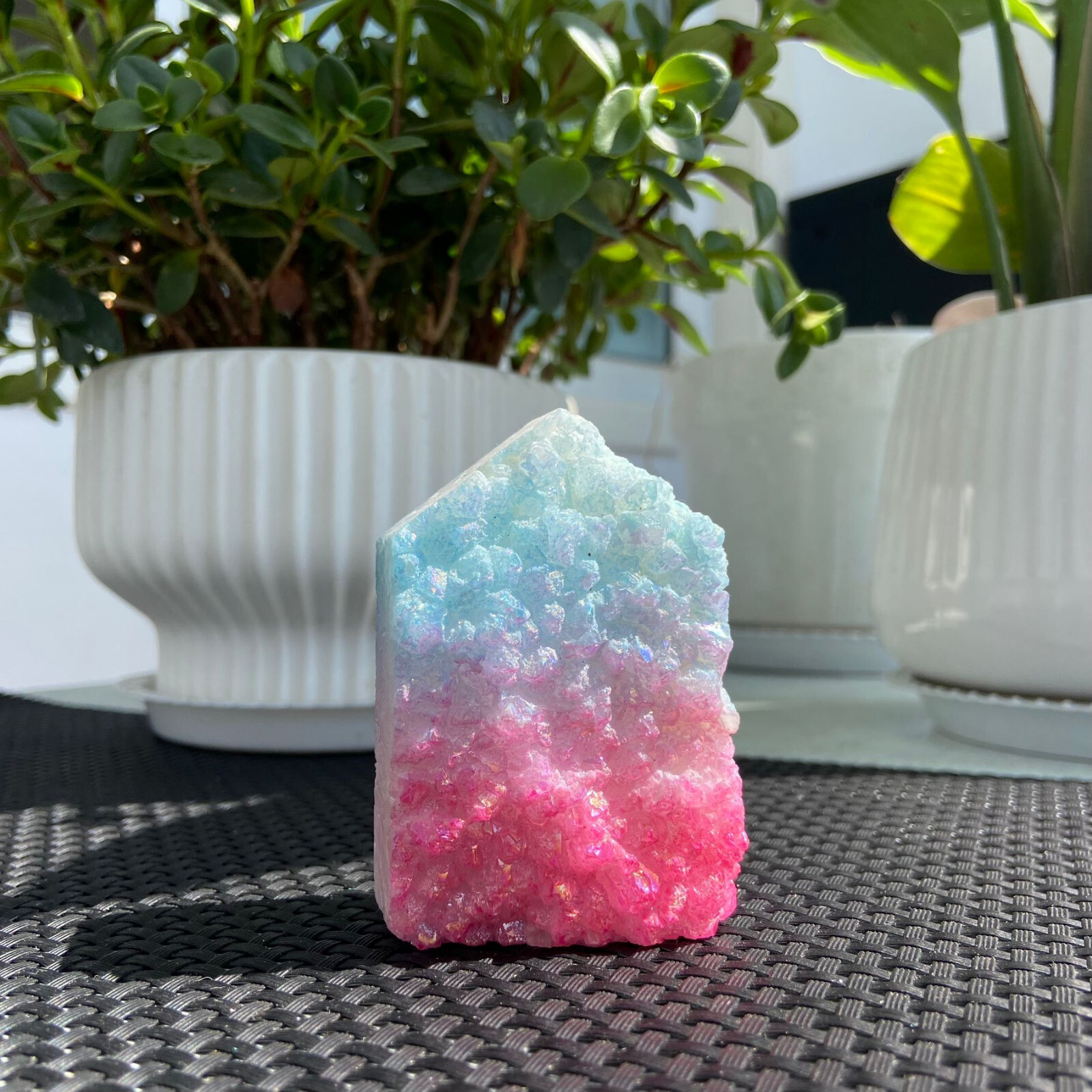 176g Titanium-Coated Pink Blue Aura Quartz Cluster Obelisk Tower Crystal Energy