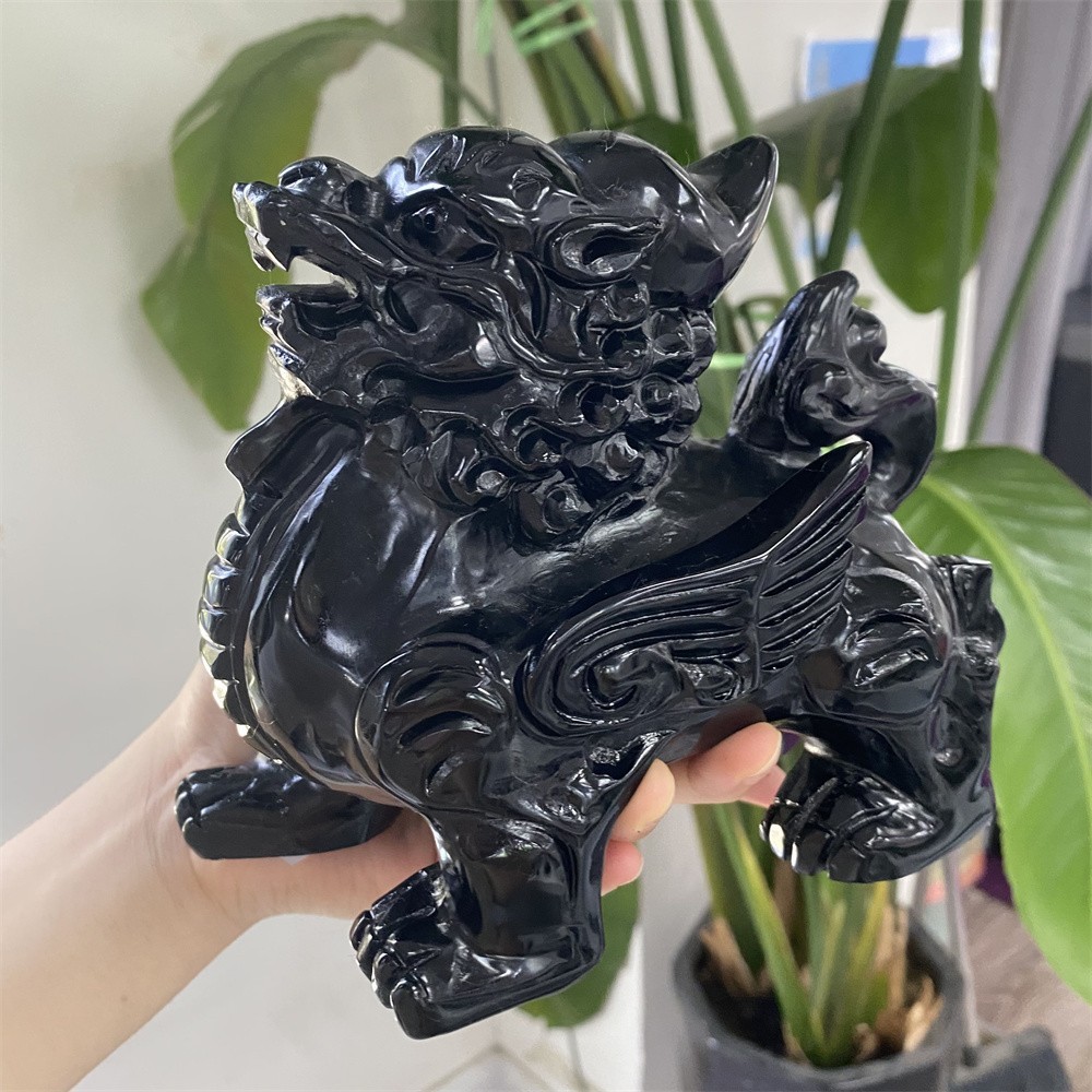 3.9LB 5.5″Natural A+Black Obsidian Kylin Statue Crystal Reiki Carving Decor