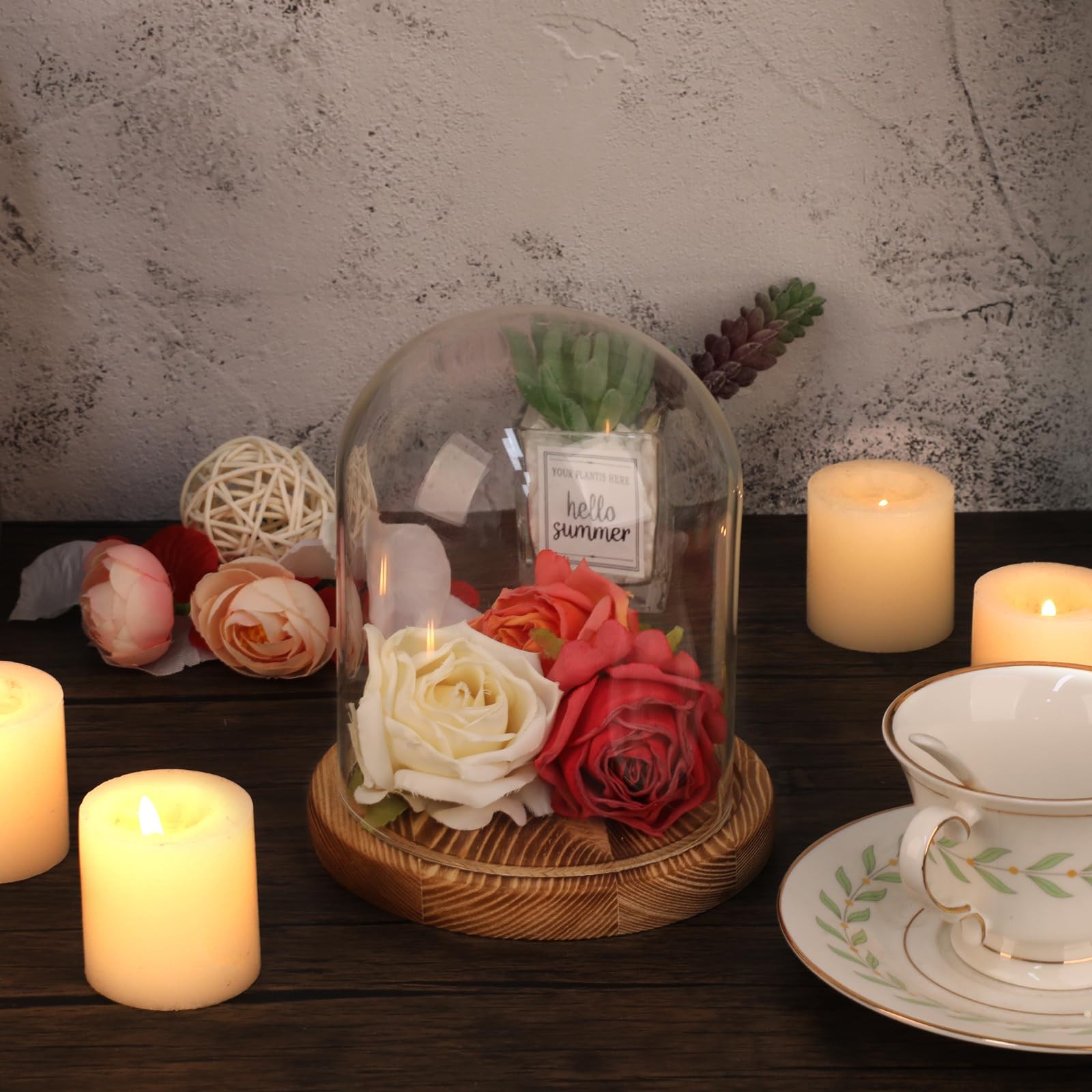 Glass Display Dome Cloche with Solid Wood Base, Clear Dome Bell Terrarium Jar…