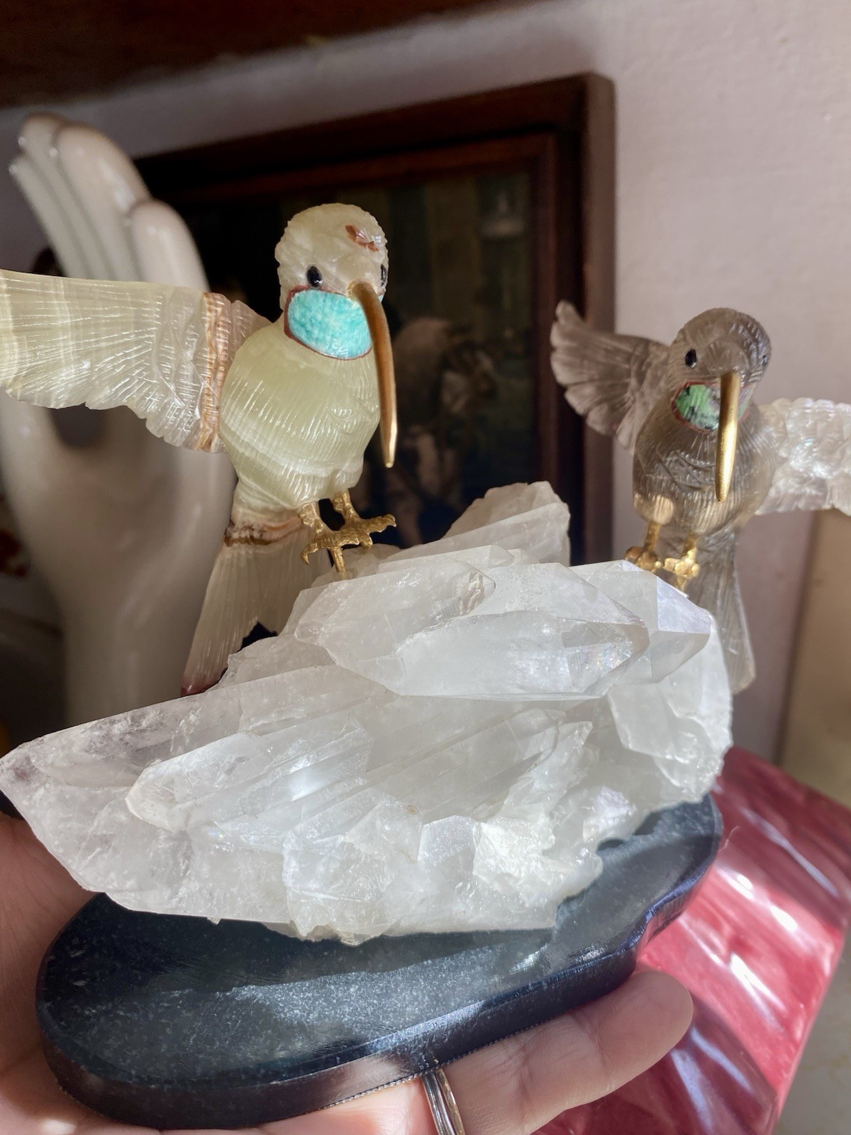 Peter Muller Hand Carved Smokey Quartz, Marble, Quartz Hummingbirds On Quartz
