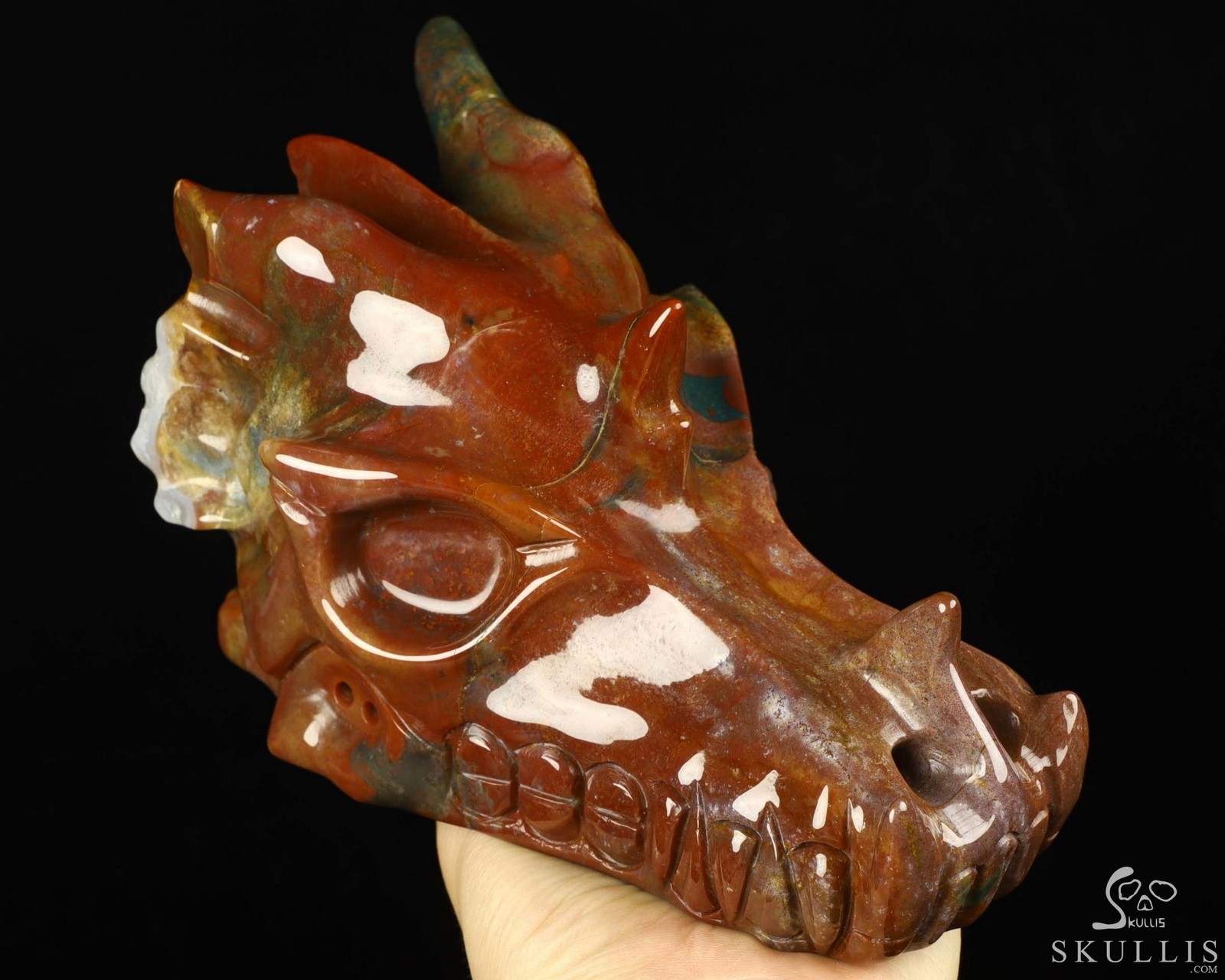 7.0″ Indian Agate Carved Crystal Dragon Skull, Crystal Healing