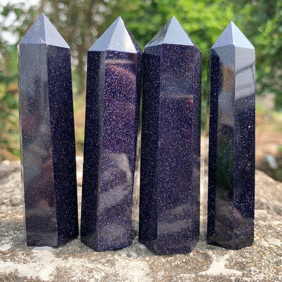 Blue Goldstone Tower Single Point Wand Sky Night Crystal Obelisk Home Decoration