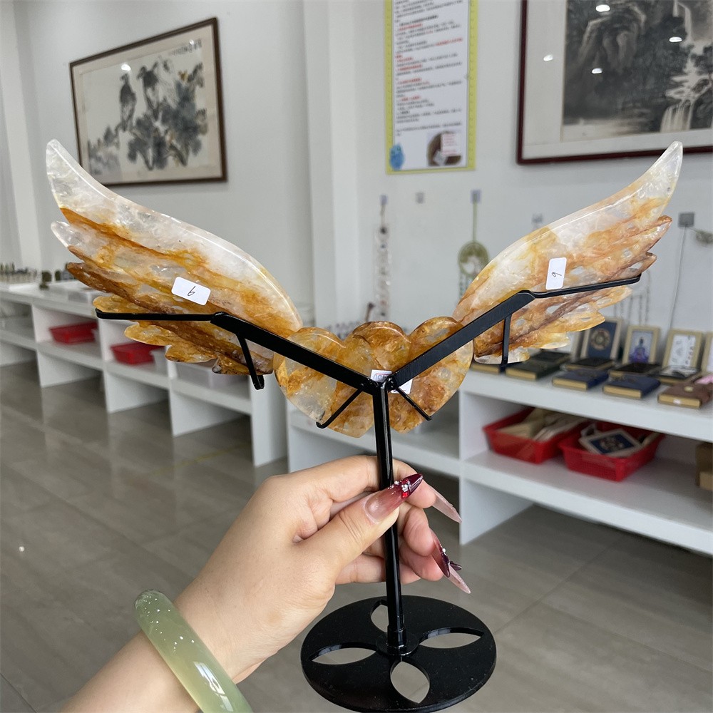 1.2LB 10.2″ Natural Golden Healer Love Wings Crystal Wings Carving Home Decor