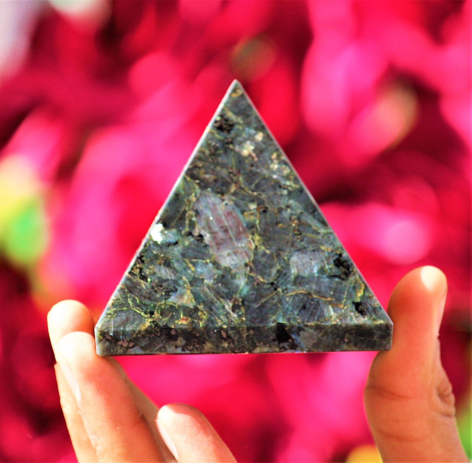 Large 70MM Black Larvikite Flash Crystal Healing Meditation Metaphysical Pyramid
