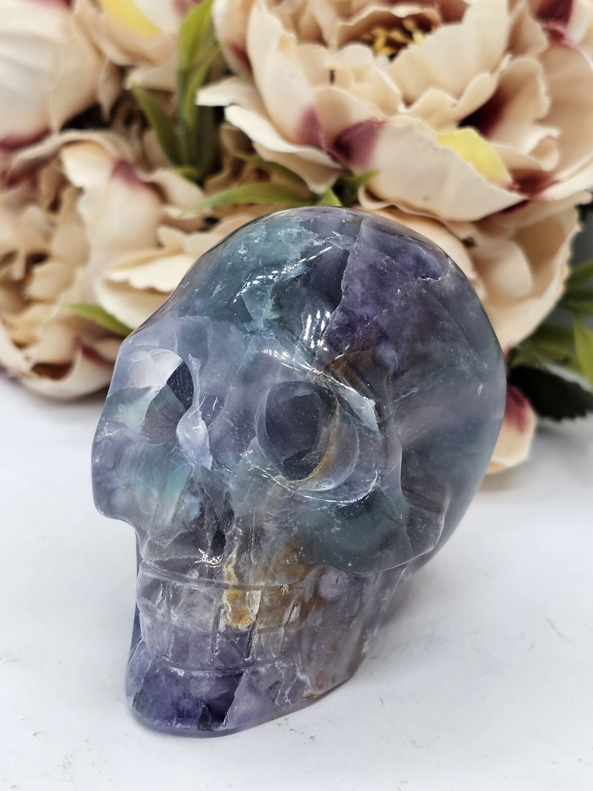 Rainbow Fluorite Skull Crystal Carving 248g Purple Green Blue 5x 6 x 4cm