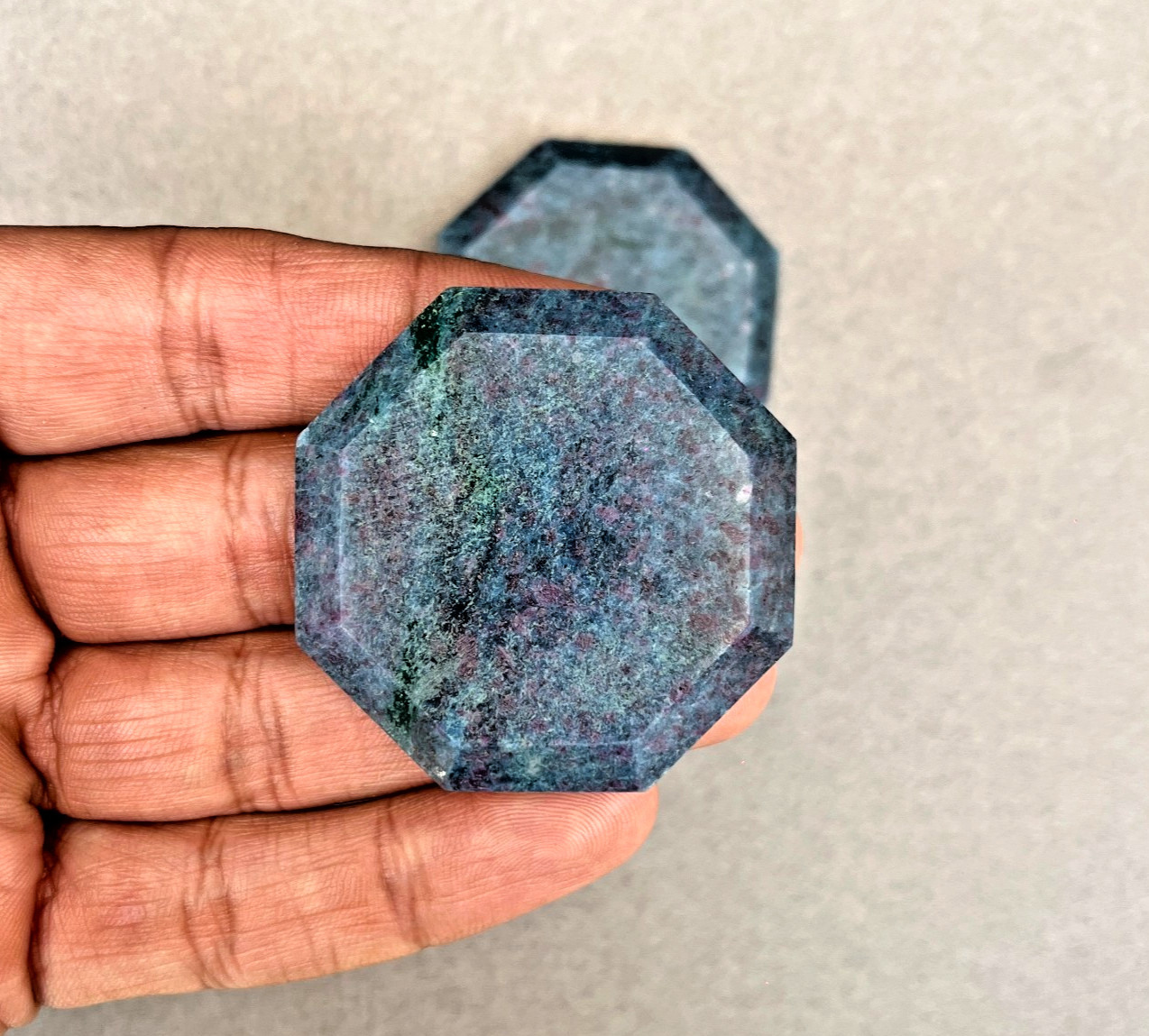 Ruby Kyanite Palm Stone UV Reactive Fluorescent Crystal Octagon 48mm
